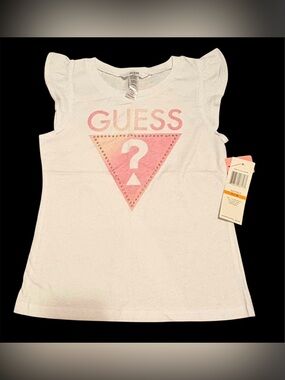 GUESS White Tee with Pink Logo Triangle and Rhinestones